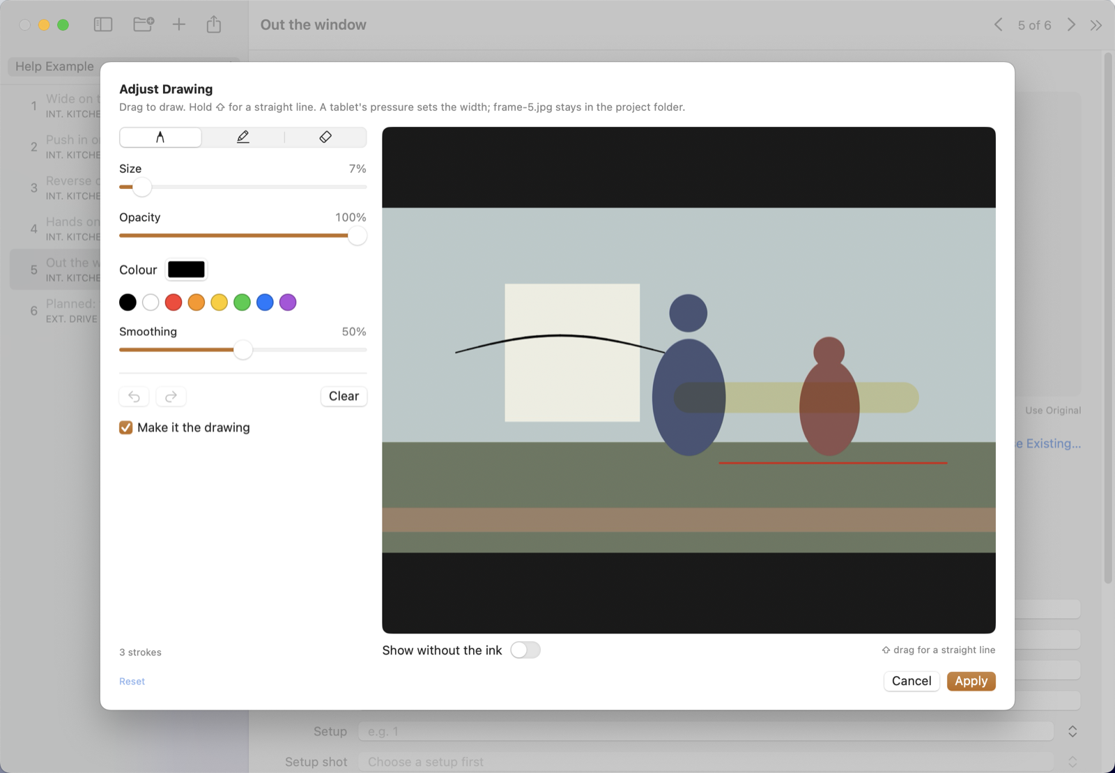 The drawing editor: tools and colours on the left, the picture to draw on at the right.