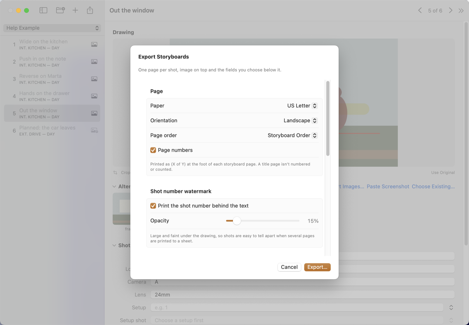The export sheet: page setup, watermark, title page and the fields to print.