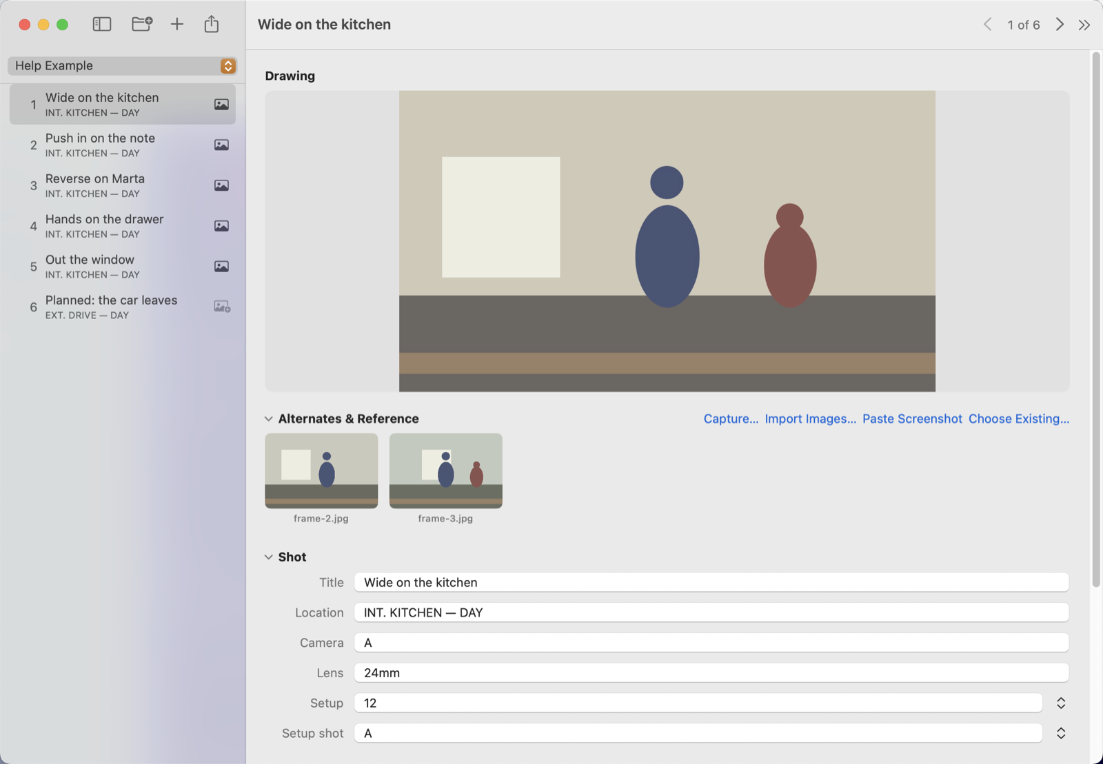 The Storyboardlicious shot editor, with the shotlist in the sidebar and a shot's drawing, alternates and fields.
