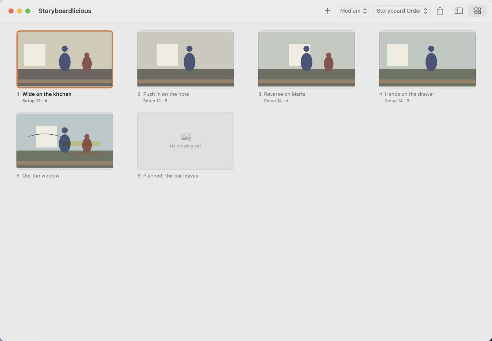 The board — every shot's drawing at once, in story or setup order.